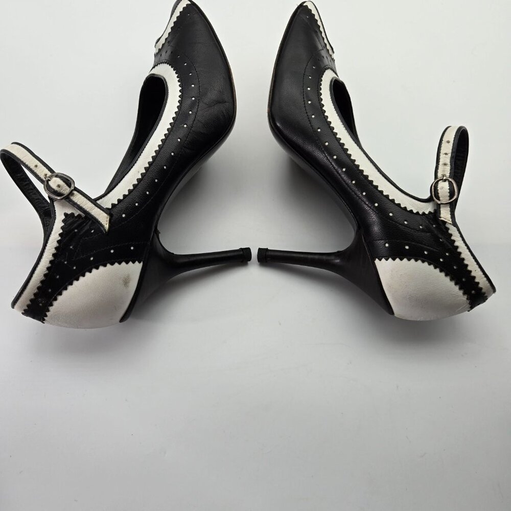 VTG Via Spiga 7.5 Black White Leather Peep-Toe Mary Jane Oxford Heels Lady*Read - Picture 14 of 15